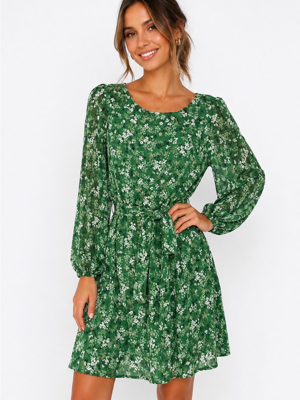 Ann Taylor Green Floral Long-Sleeve Tie-Waist Dress